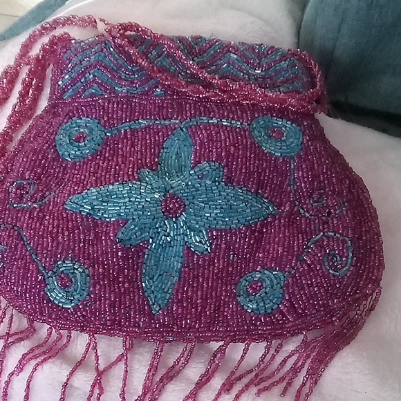Handbags - Hand-Beaded Pink & Teal Floral Evening Bag